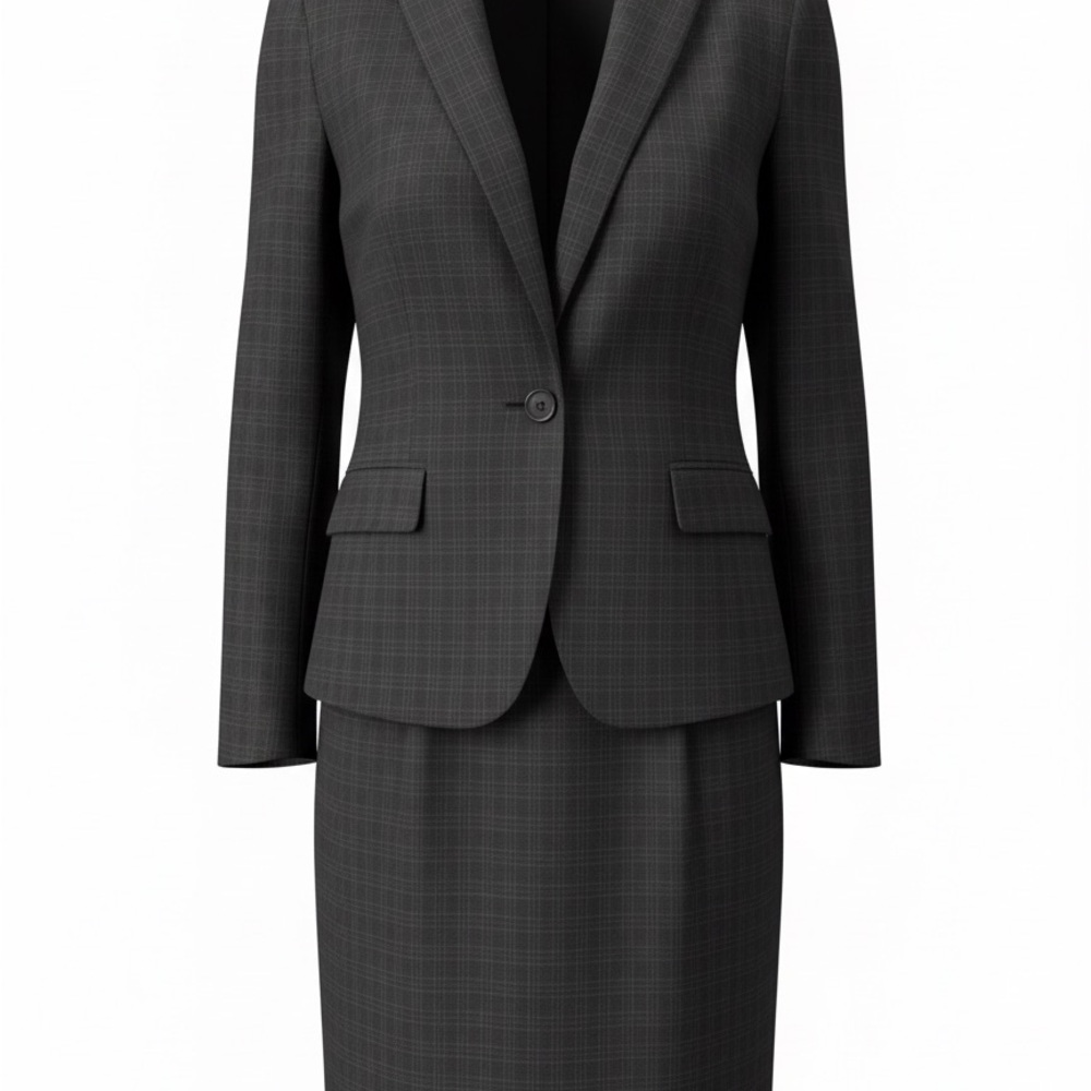Le Suit Dark Checkered Blazer and Skirt Ensemble